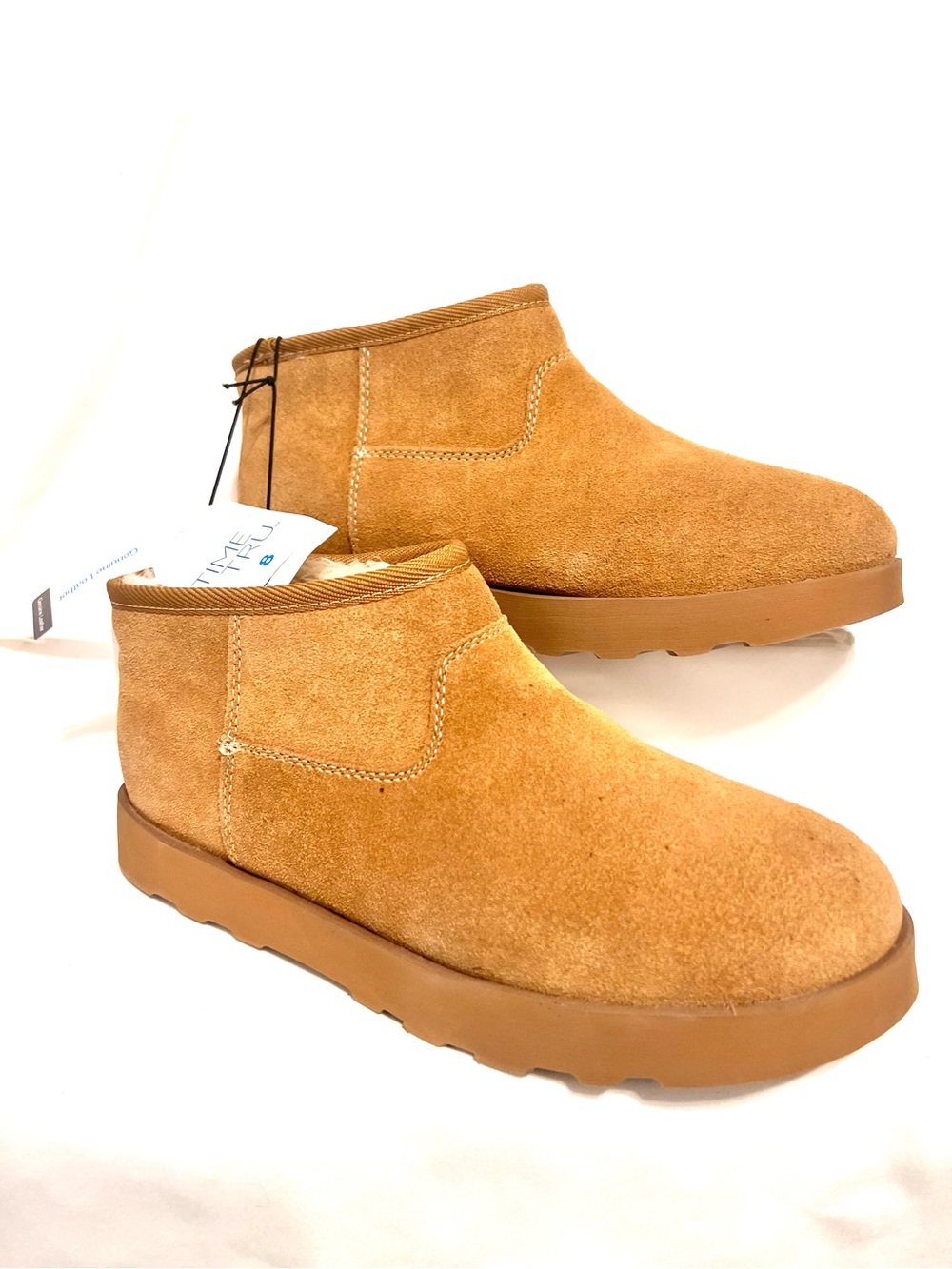 Time and Tru-NWT-Women's Ankle Boots-Tan-Leather Suede-Slip On-Sz. 8-Faux Fur